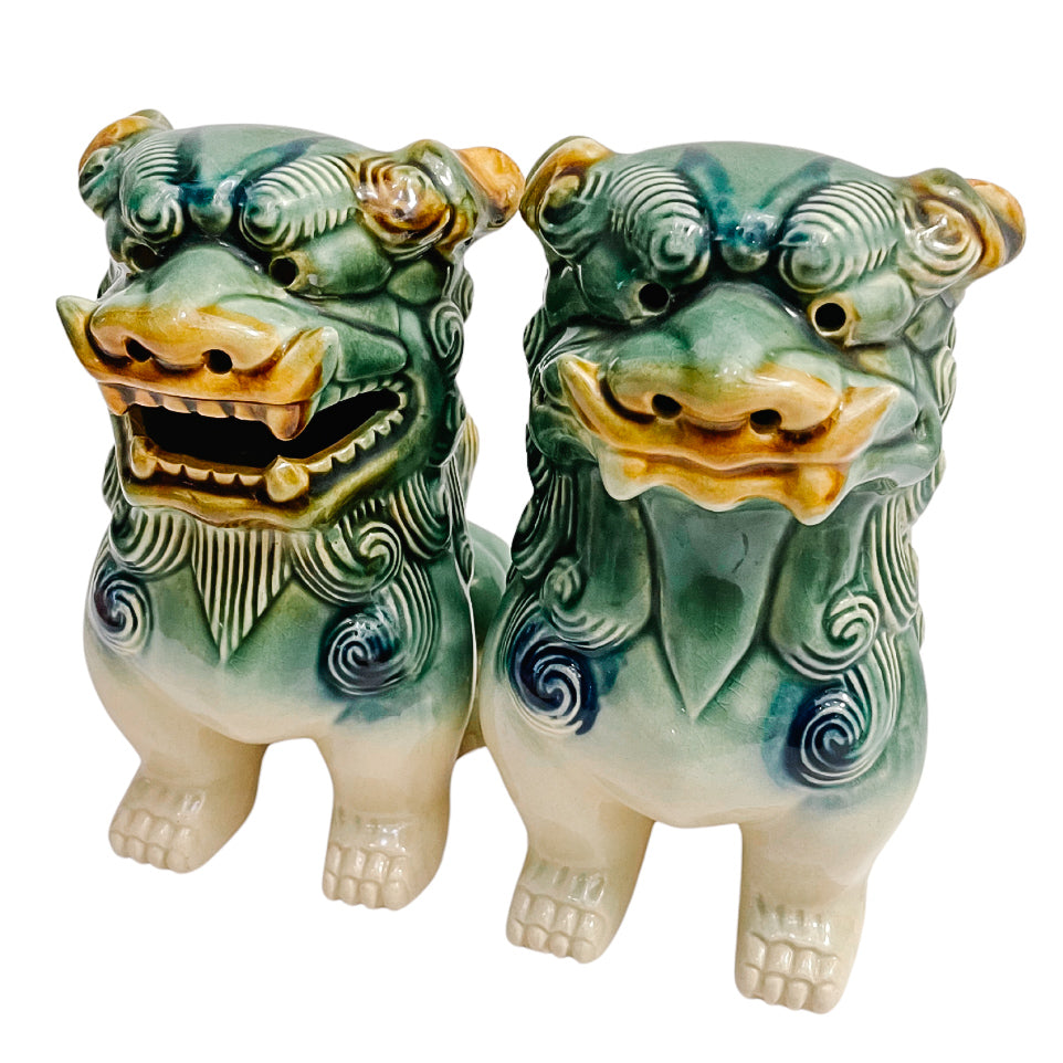 Vintage Green & Blue Glazed Ceramic Foo Dog Figurines