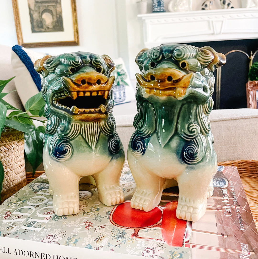 Vintage Green & Blue Glazed Ceramic Foo Dog Figurines