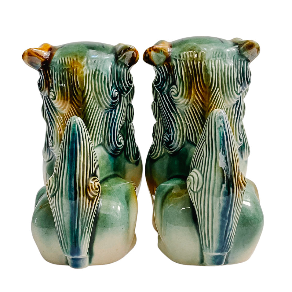 Vintage Green & Blue Glazed Ceramic Foo Dog Figurines