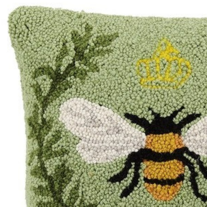 Green & Gold Queen Bee Wool Hooked Pillow