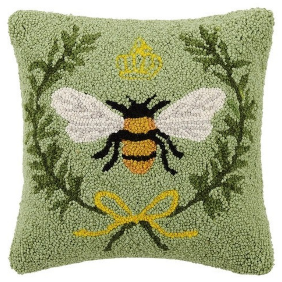 Green & Gold Queen Bee Wool Hooked Pillow