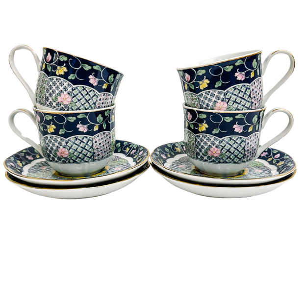 Gump's San Francisco Botan Cups & Saucers Set for Four