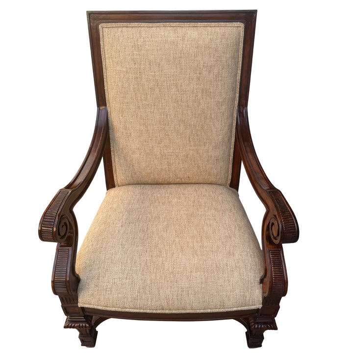 Hand-Carved Mahogany Upholstered Arm Chairs With Rolled Arms