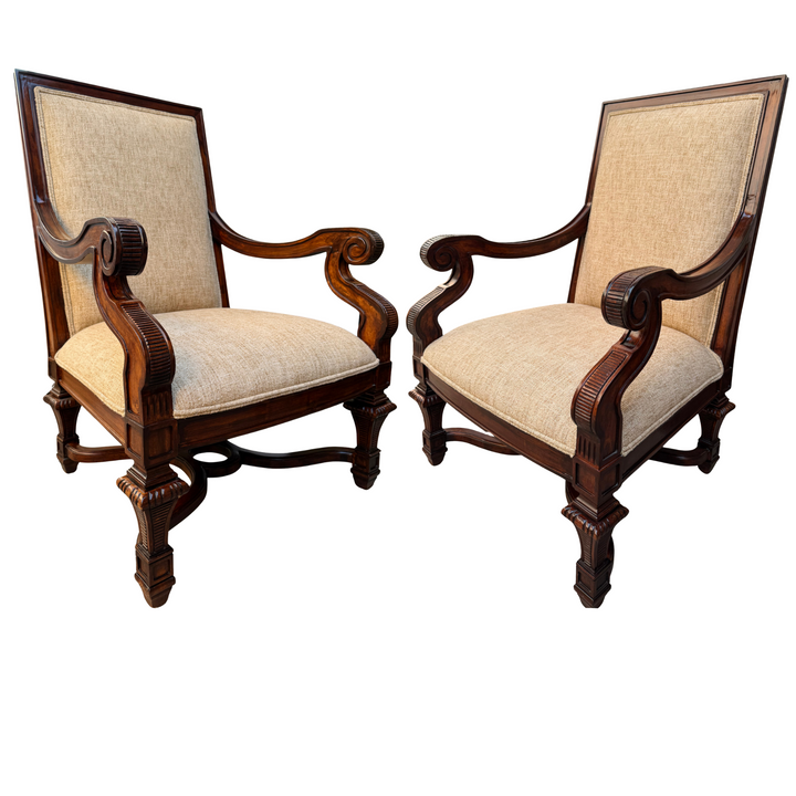 Hand-Carved Mahogany Upholstered Arm Chairs With Rolled Arms