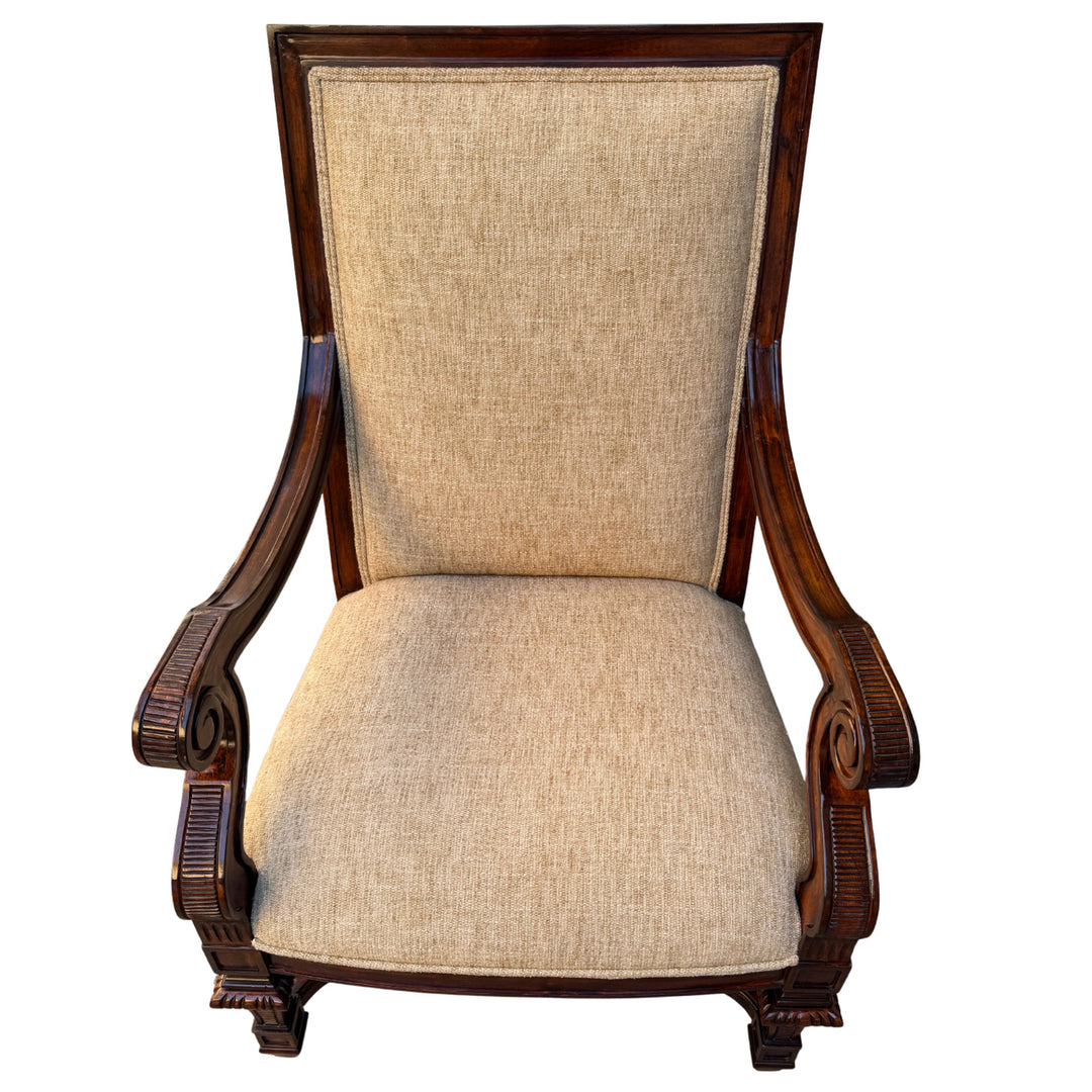 Hand-Carved Mahogany Upholstered Arm Chairs With Rolled Arms