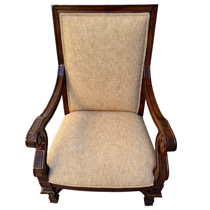 Hand-Carved Mahogany Upholstered Arm Chairs With Rolled Arms