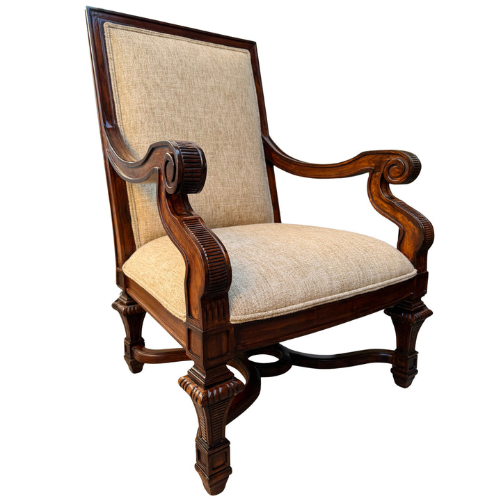 Hand-Carved Mahogany Upholstered Arm Chairs With Rolled Arms