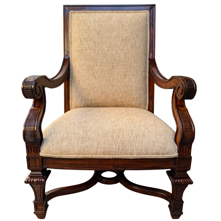 Hand-Carved Mahogany Upholstered Arm Chairs With Rolled Arms