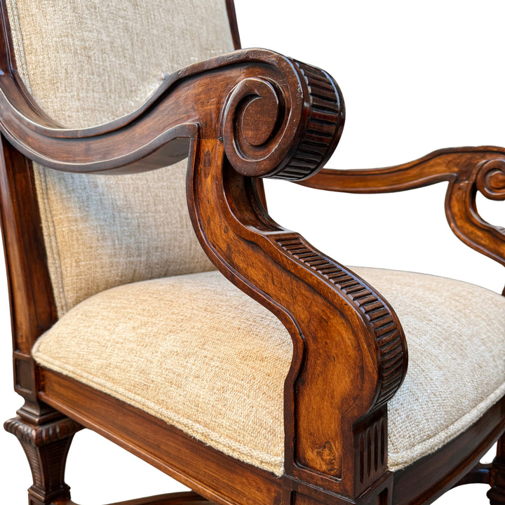Hand-Carved Mahogany Upholstered Arm Chairs With Rolled Arms