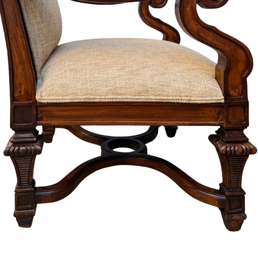 Hand-Carved Mahogany Upholstered Arm Chairs With Rolled Arms