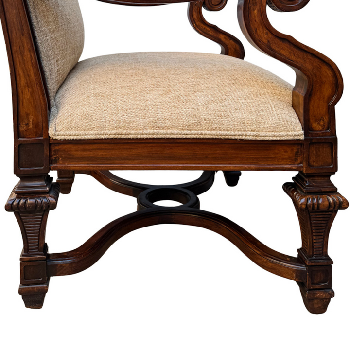 Hand-Carved Mahogany Upholstered Arm Chairs With Rolled Arms
