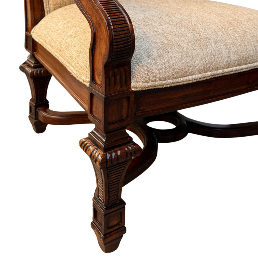 Hand-Carved Mahogany Upholstered Arm Chairs With Rolled Arms
