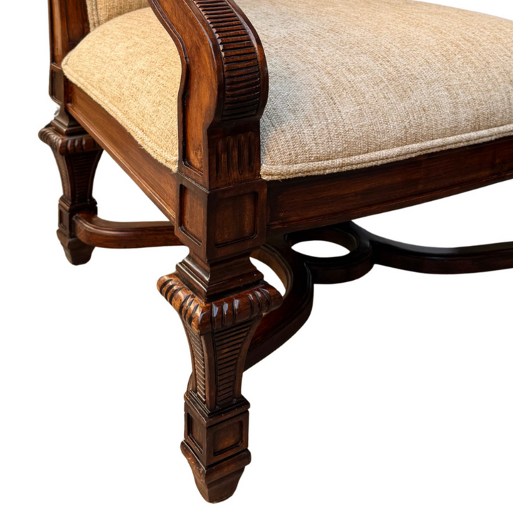 Hand-Carved Mahogany Upholstered Arm Chairs With Rolled Arms