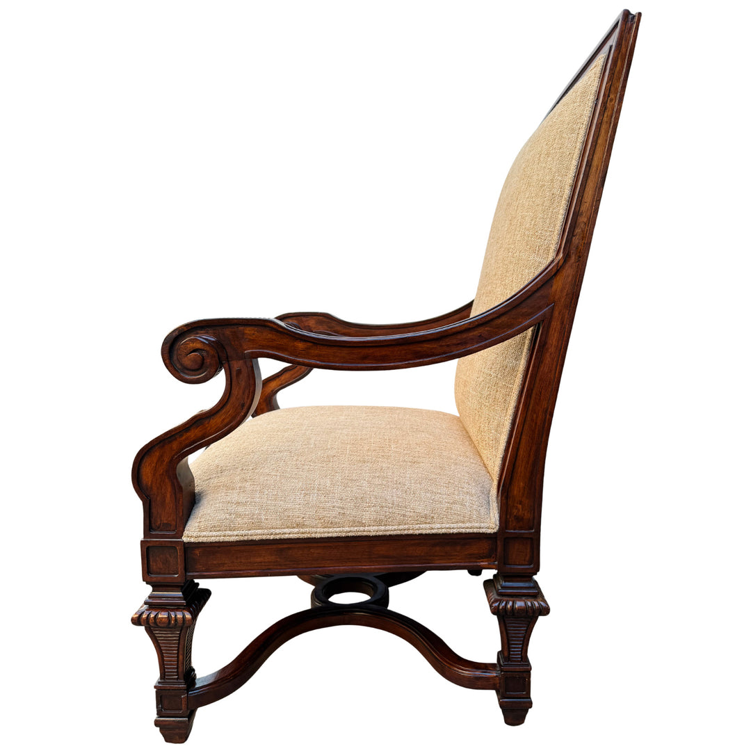 Hand-Carved Mahogany Upholstered Arm Chairs With Rolled Arms