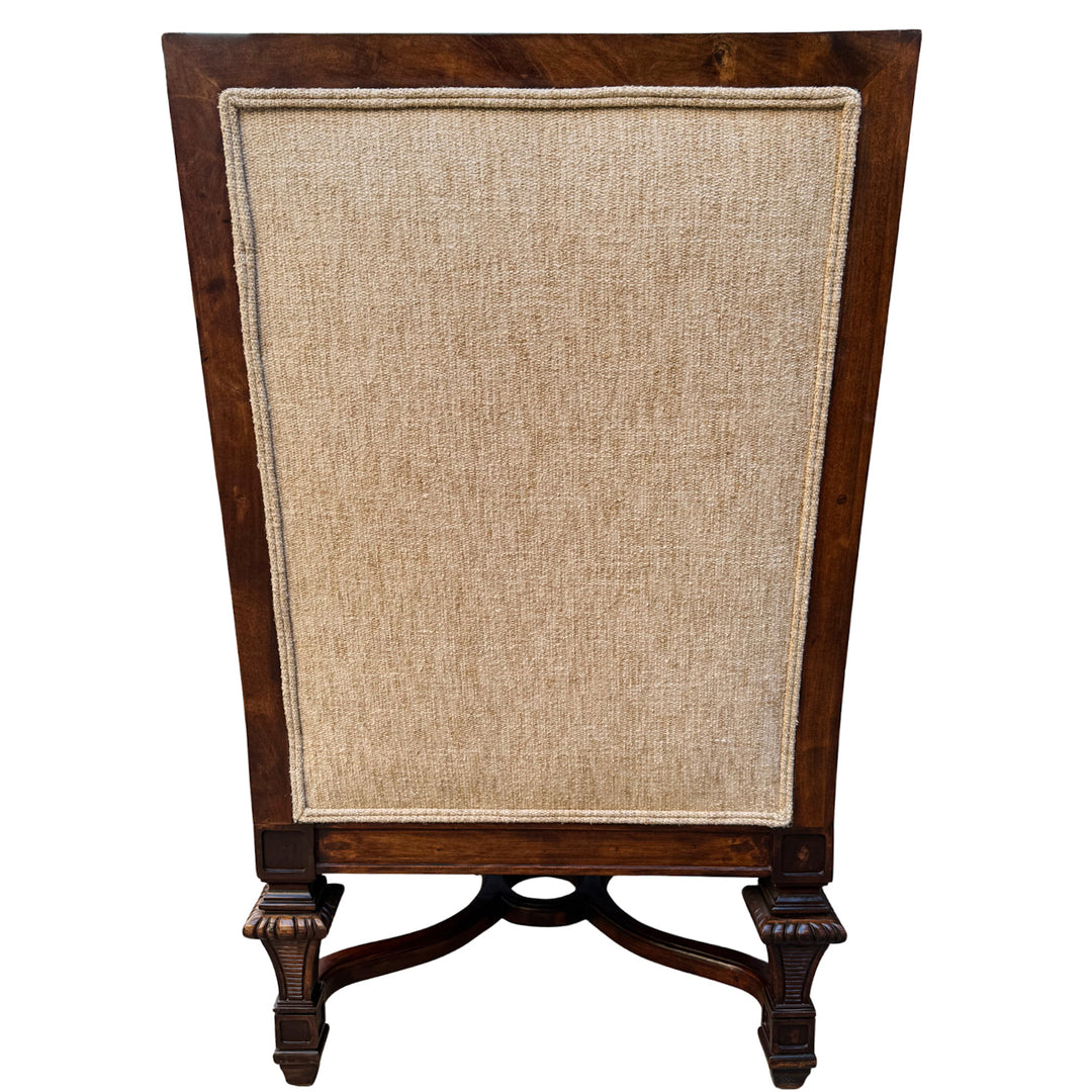 Hand-Carved Mahogany Upholstered Arm Chairs With Rolled Arms