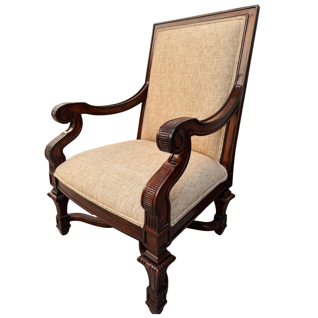 Hand-Carved Mahogany Upholstered Arm Chairs With Rolled Arms