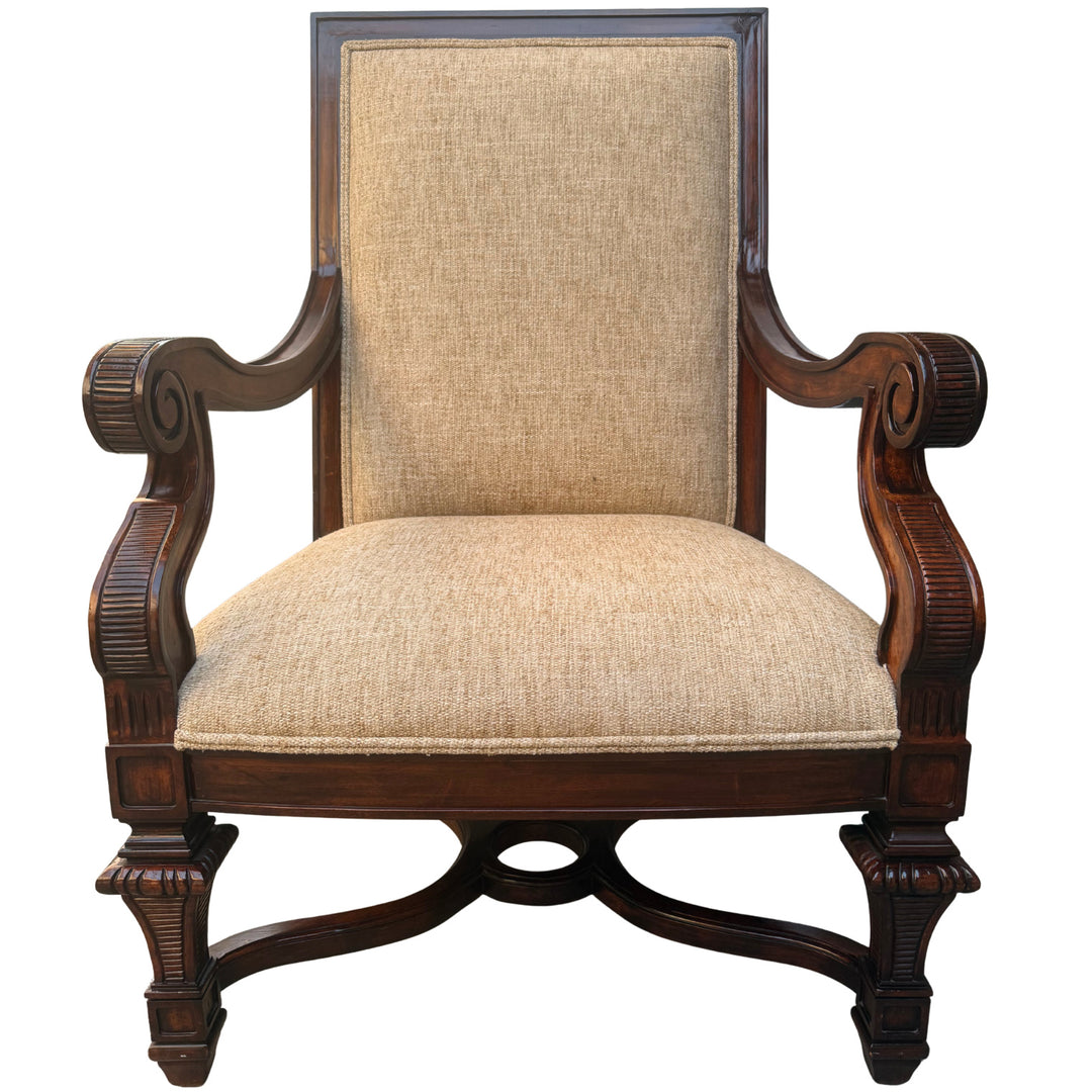 Hand-Carved Mahogany Upholstered Arm Chairs With Rolled Arms