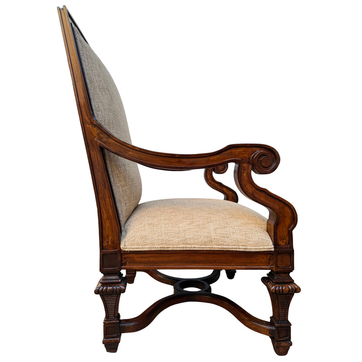 Hand-Carved Mahogany Upholstered Arm Chairs With Rolled Arms
