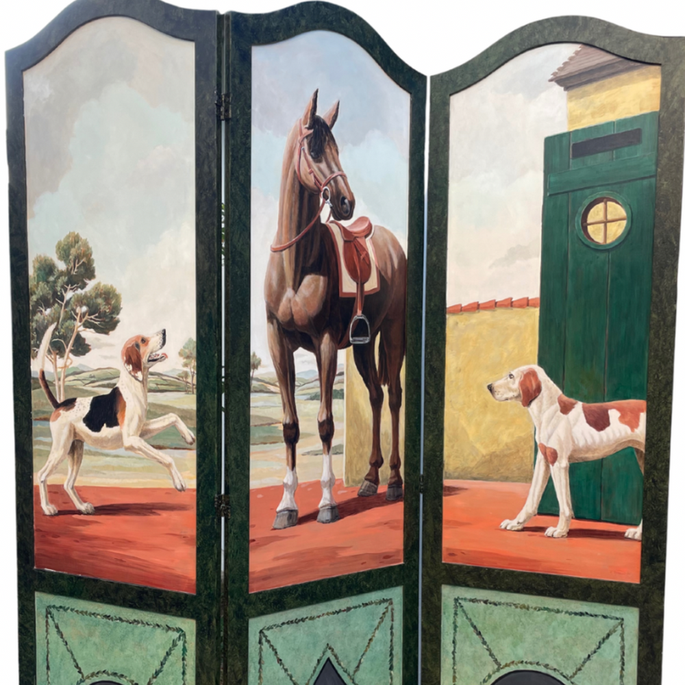 Hand-Painted English Fox Hunt Equestrian Folding Screen Room Divider