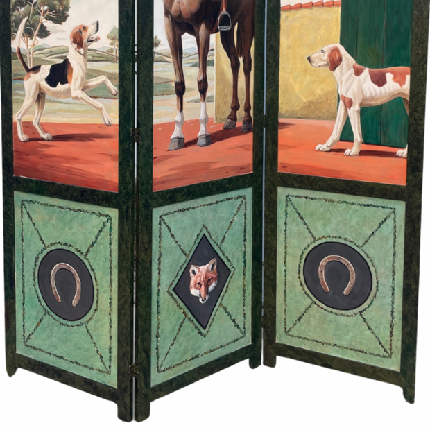 Hand-Painted English Fox Hunt Equestrian Folding Screen Room Divider