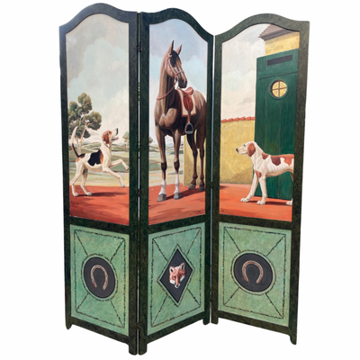 Hand-Painted English Fox Hunt Equestrian Folding Screen Room Divider