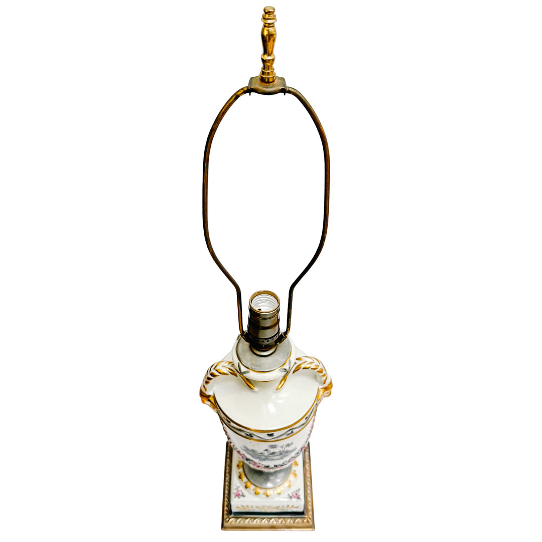 Hand-Painted Regency Style Porcelain Urn Lamp with Gilt Ram Heads
