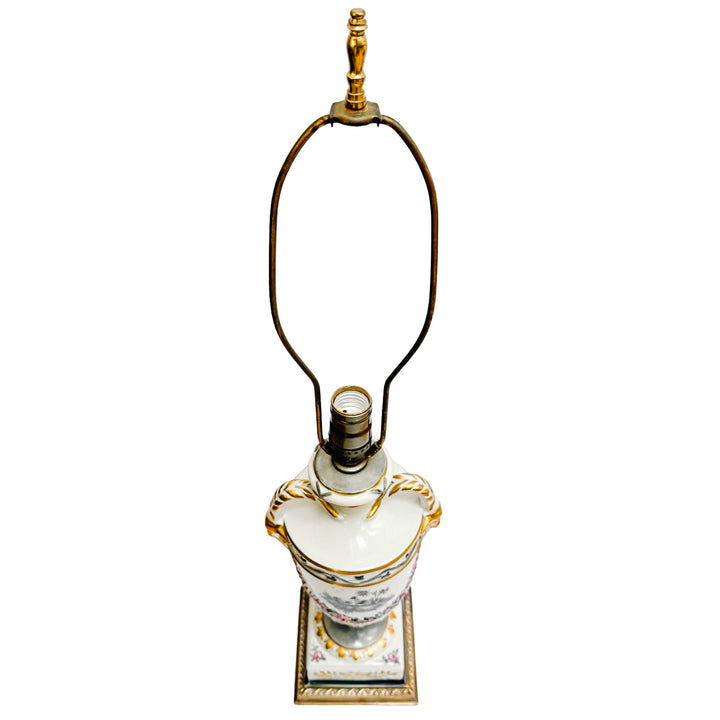 Hand-Painted Regency Style Porcelain Urn Lamp with Gilt Ram Heads