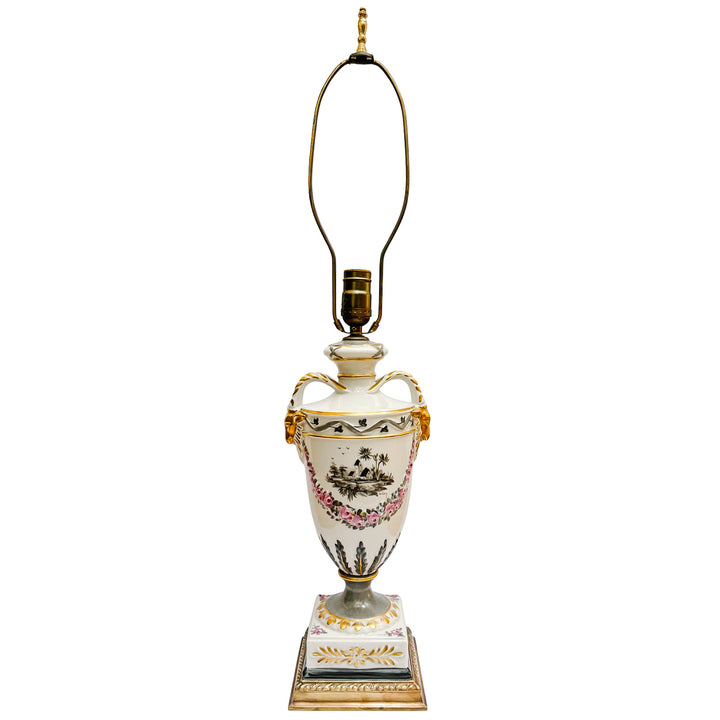 Hand-Painted Regency Style Porcelain Urn Lamp with Gilt Ram Heads
