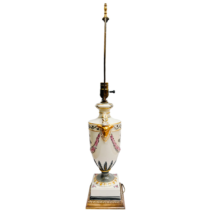 Hand-Painted Regency Style Porcelain Urn Lamp with Gilt Ram Heads