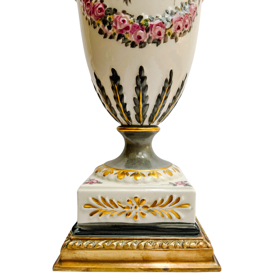 Hand-Painted Regency Style Porcelain Urn Lamp with Gilt Ram Heads