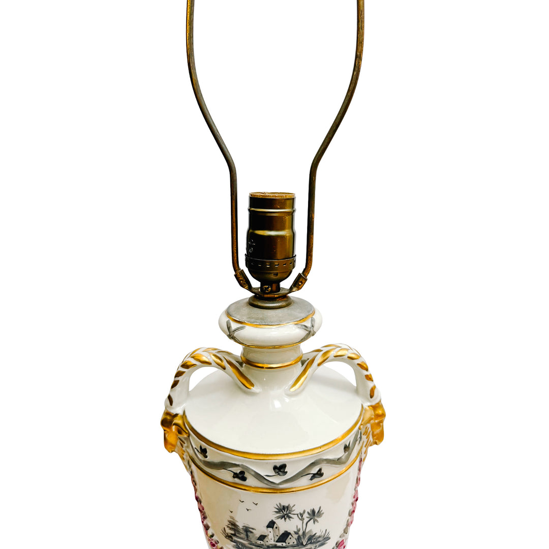 Hand-Painted Regency Style Porcelain Urn Lamp with Gilt Ram Heads