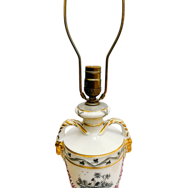 Hand-Painted Regency Style Porcelain Urn Lamp with Gilt Ram Heads