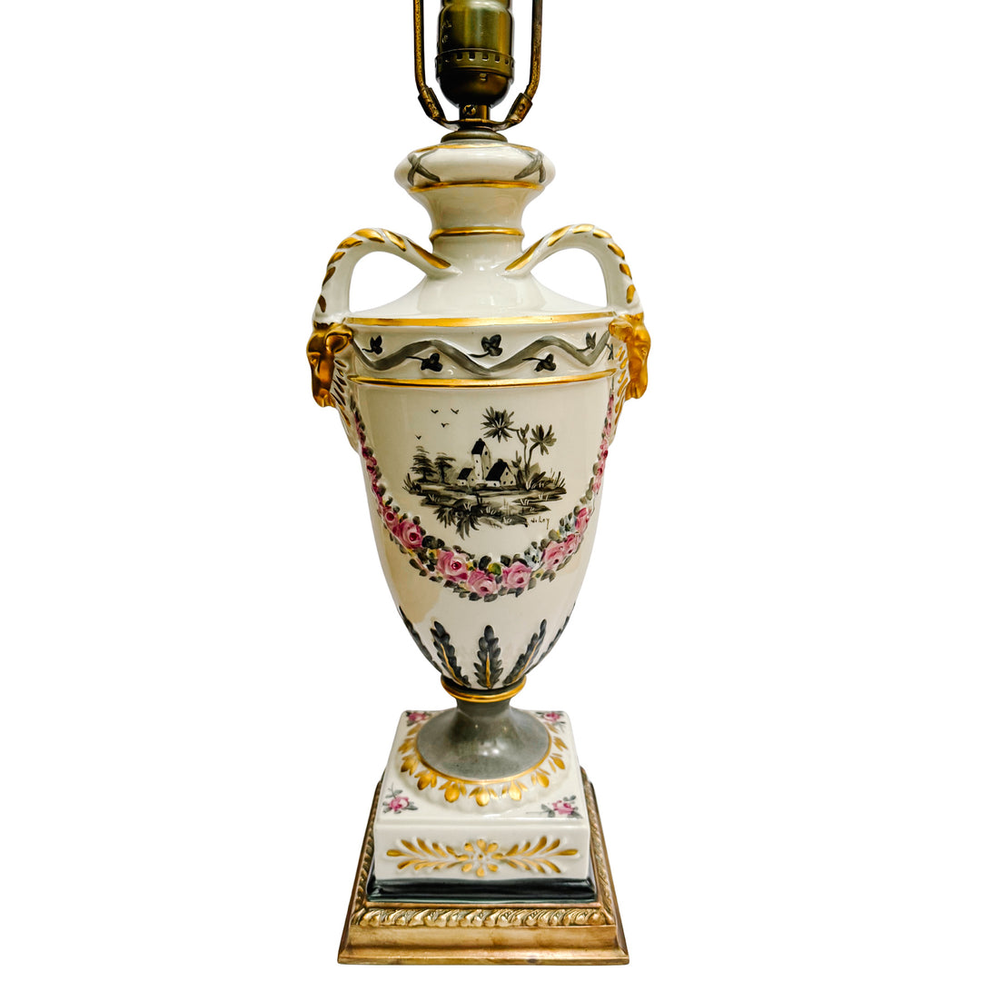 Hand-Painted Regency Style Porcelain Urn Lamp with Gilt Ram Heads