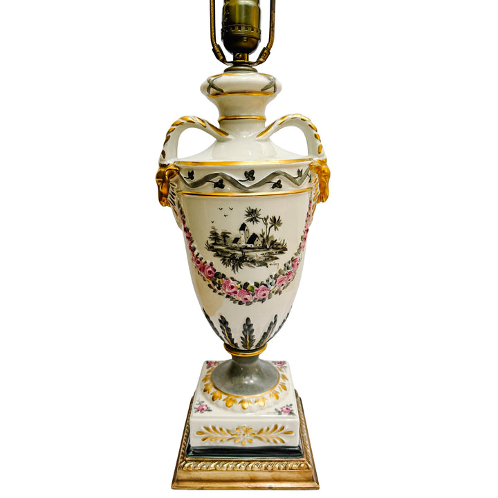 Hand-Painted Regency Style Porcelain Urn Lamp with Gilt Ram Heads