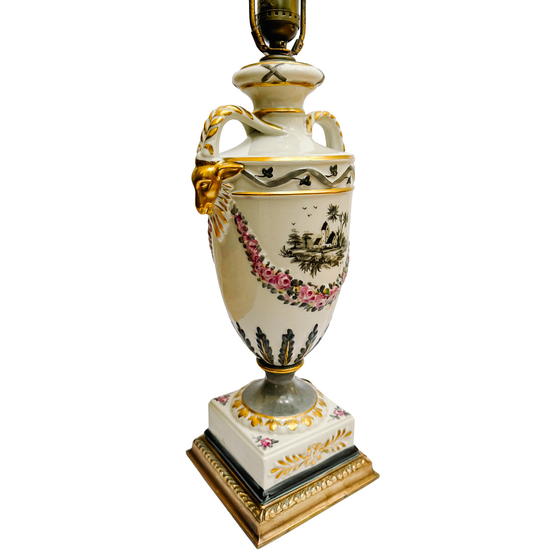 Hand-Painted Regency Style Porcelain Urn Lamp with Gilt Ram Heads