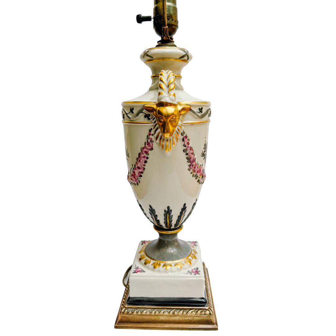 Hand-Painted Regency Style Porcelain Urn Lamp with Gilt Ram Heads