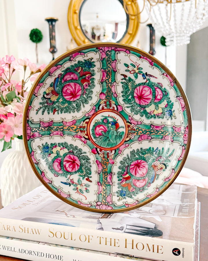 Hand-Painted Rose Canton Brass Encased Bowl