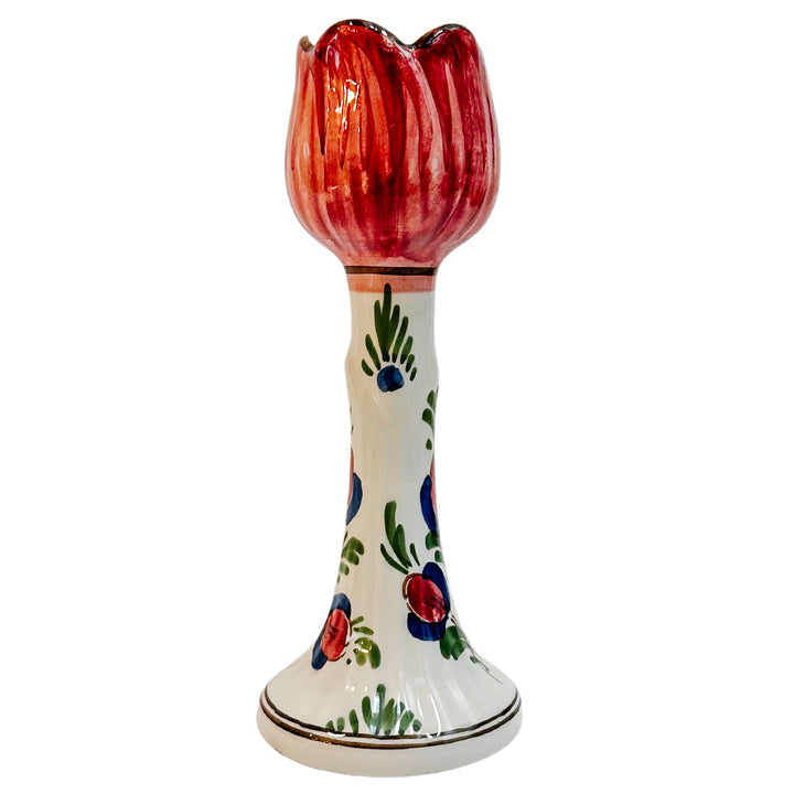 Hand-Painted Polychrome Delft Tulip Candle Holders Pair
