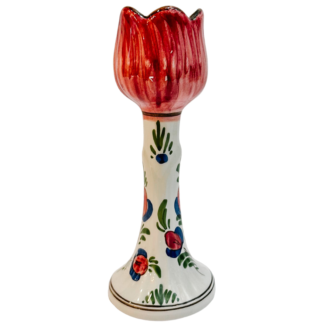 Hand-Painted Polychrome Delft Tulip Candle Holders Pair