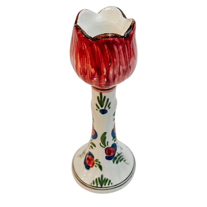 Hand-Painted Polychrome Delft Tulip Candle Holders Pair