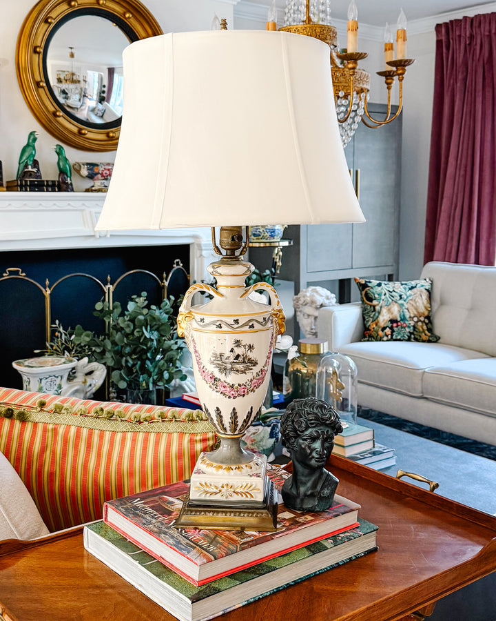 Hand-Painted Regency Style Porcelain Urn Lamp with Gilt Ram Heads