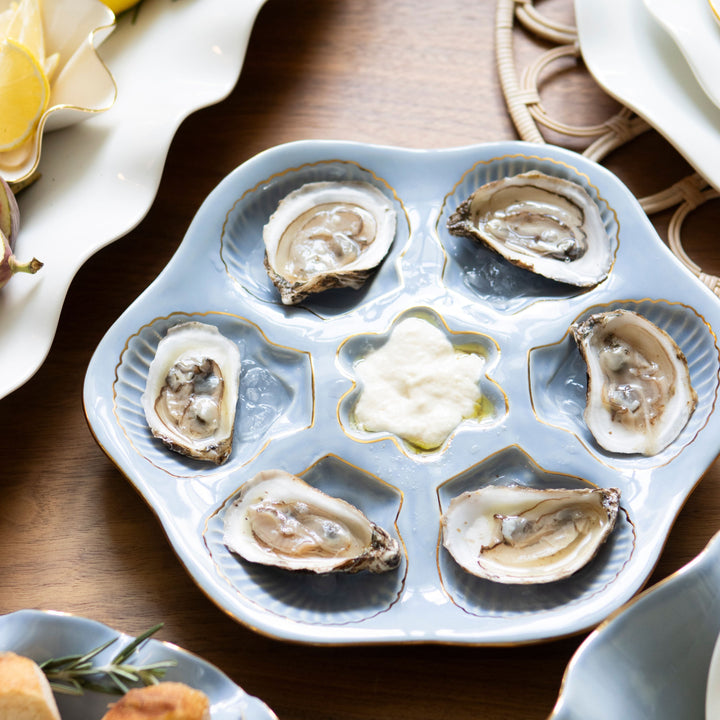 Handcrafted Ceramic Oyster Plate with 22K Gold Details by Susan Gordon Pottery