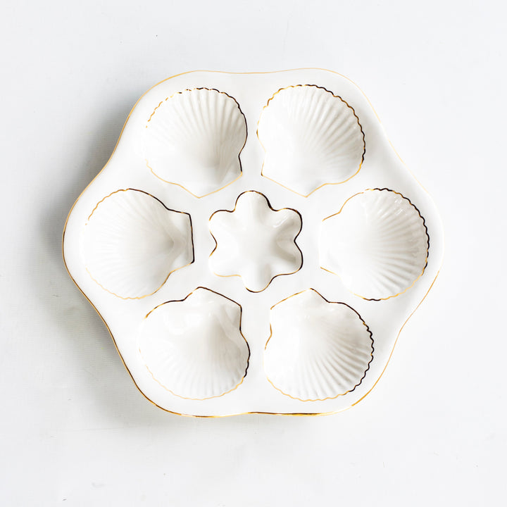 Handcrafted Ceramic Oyster Plate with 22K Gold Details by Susan Gordon Pottery