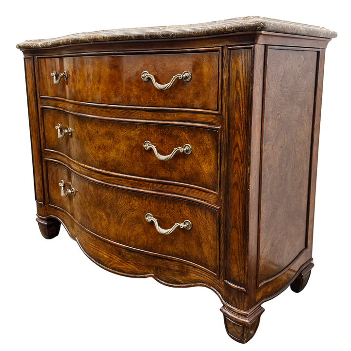 Henredon French Provincial Burl Walnut Three-Drawer Marble Top Serpentine Commode Chest  Dresser