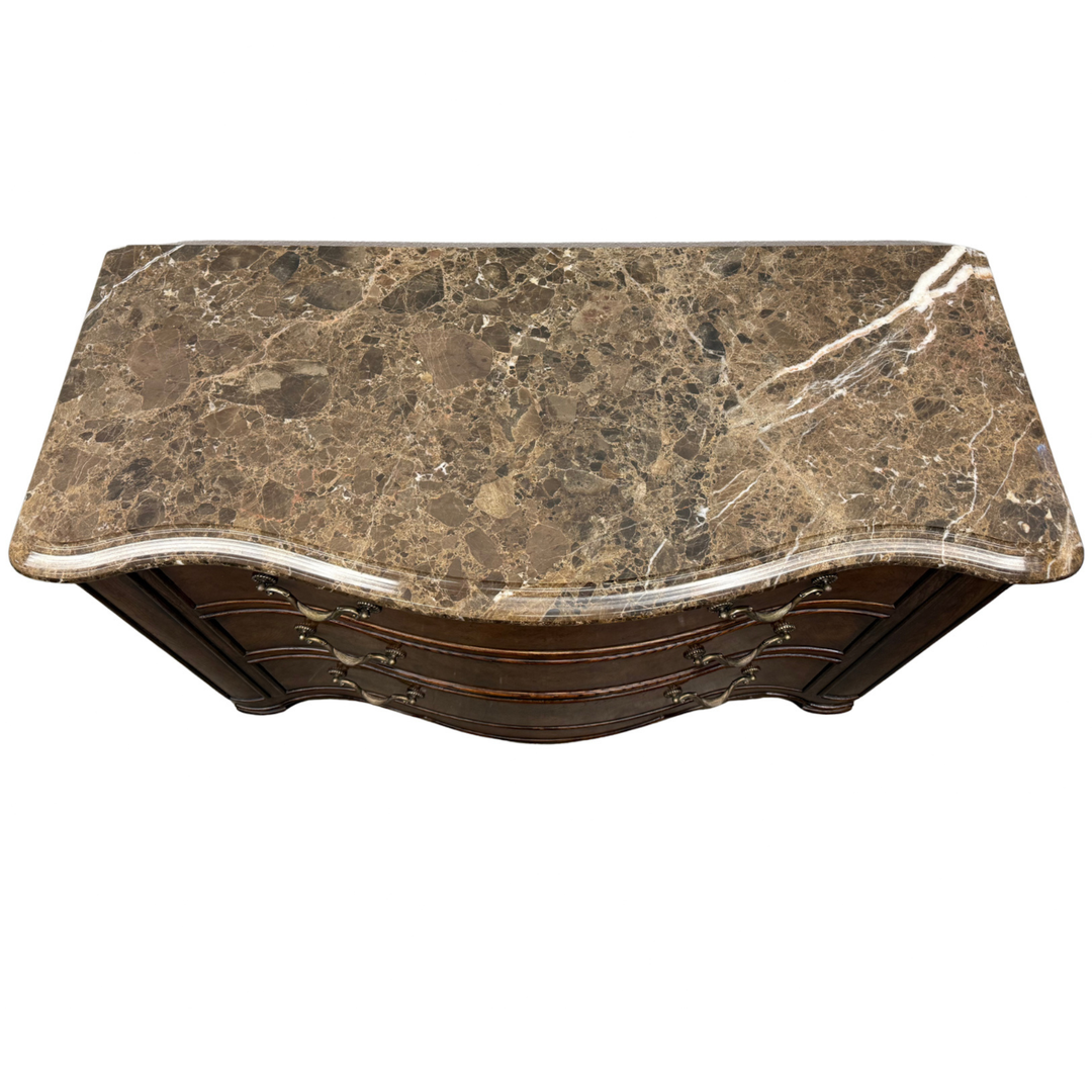Henredon French Provincial Burl Walnut Three-Drawer Marble Top Serpentine Commode Chest  Dresser