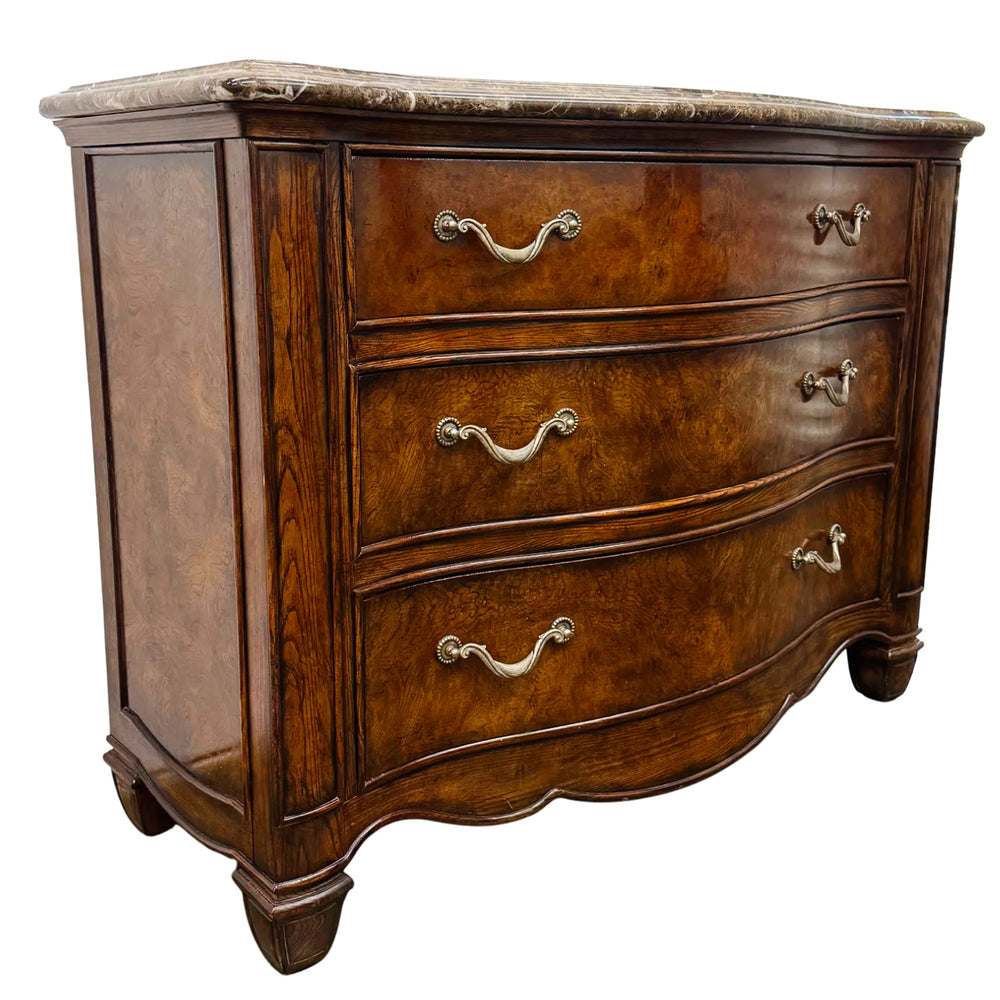 Henredon French Provincial Burl Walnut Three-Drawer Marble Top Serpentine Commode Chest  Dresser