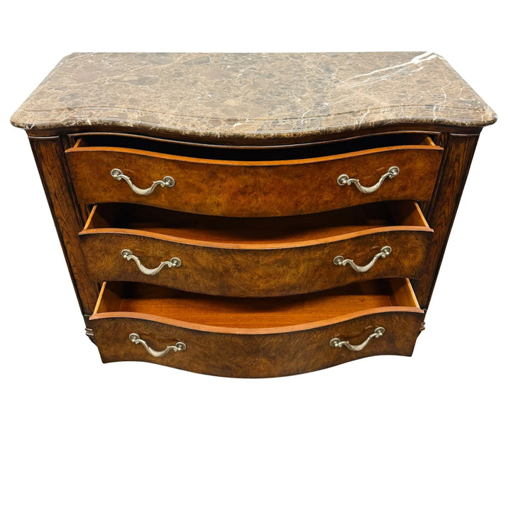 Henredon French Provincial Burl Walnut Three-Drawer Marble Top Serpentine Commode Chest  Dresser