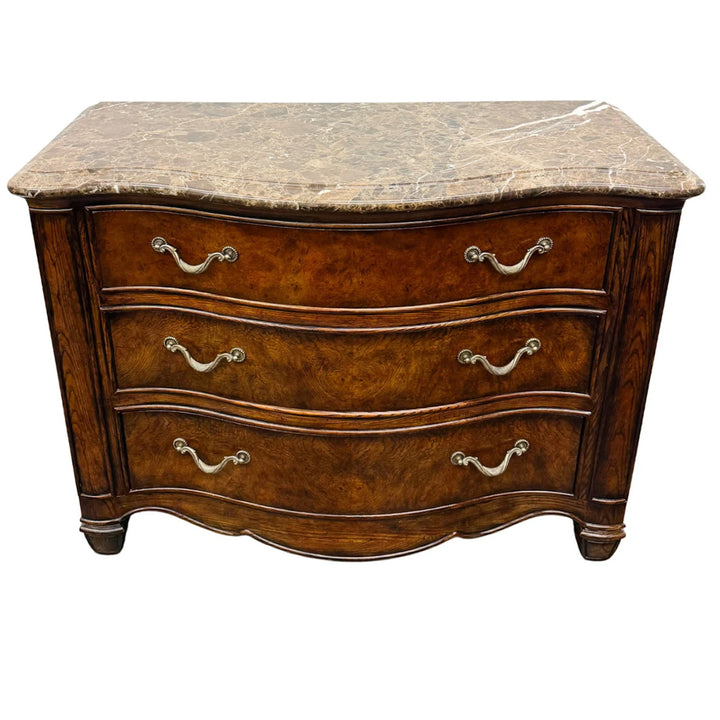 Henredon French Provincial Burl Walnut Three-Drawer Marble Top Serpentine Commode Chest  Dresser