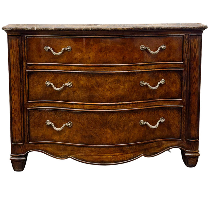 Henredon French Provincial Burl Walnut Three-Drawer Marble Top Serpentine Commode Chest  Dresser