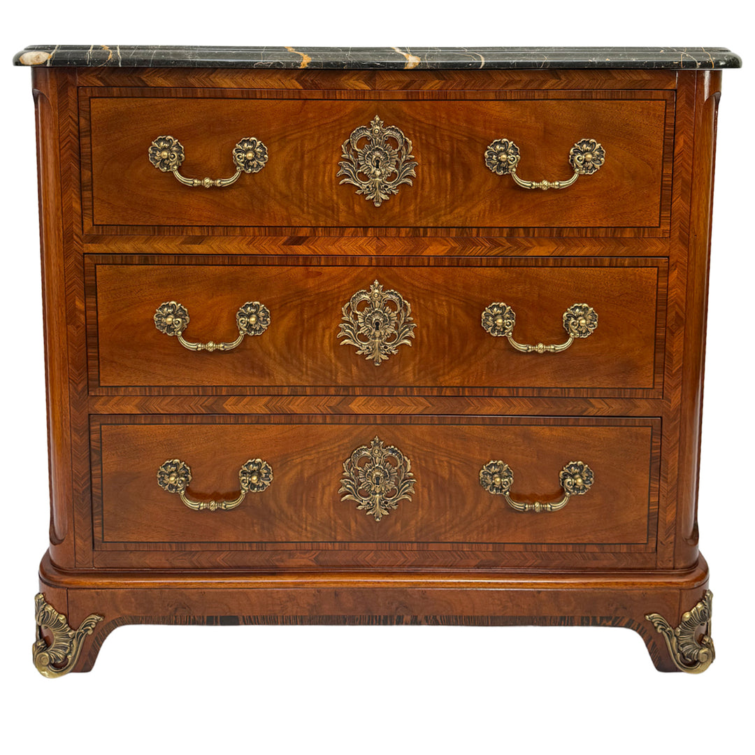 Henredon Inlaid Burlwood Louis XVI Style Commode / Chest of Drawers With Marble Top